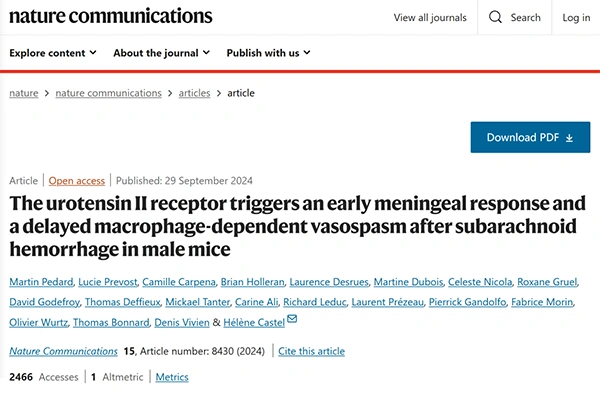 The urotensin II receptor triggers an early meningeal response and a delayed macrophage-dependent vasospasm after subarachnoid hemorrhage in male mice